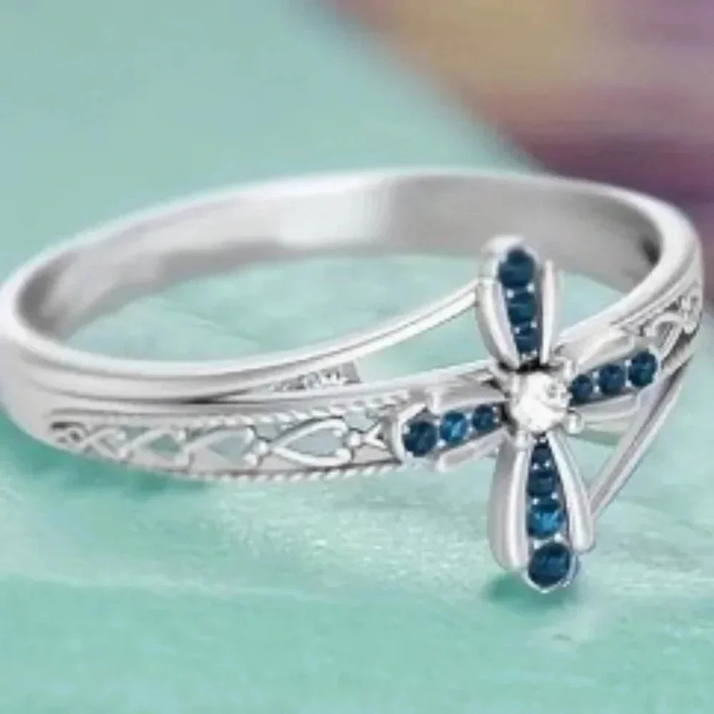 Blue Cubic Zirconia Cross Ring - Silver plated - Sparkling Gemstones Size 9